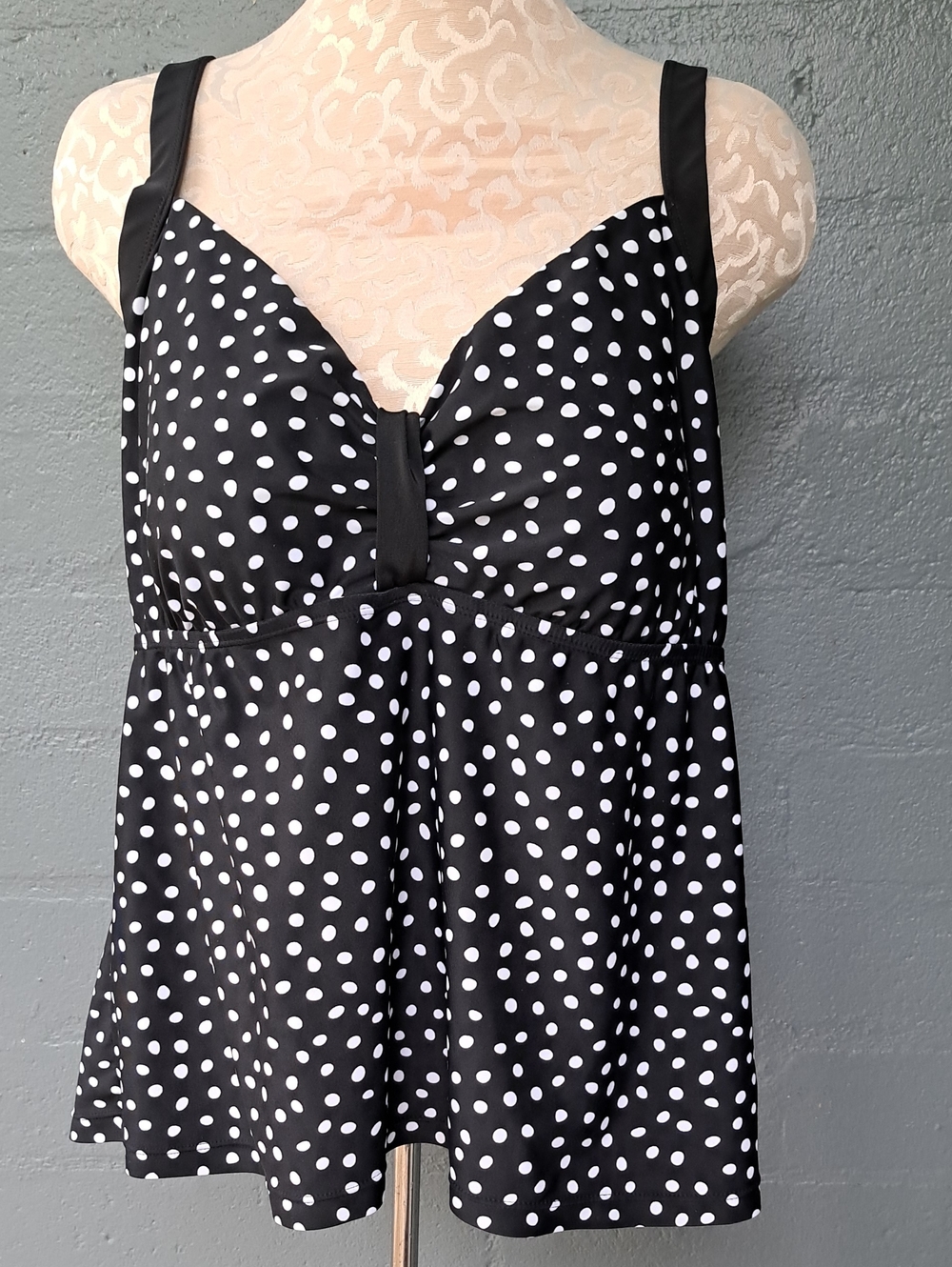 Black and White Polka Dot One-Piece Swim Tank with Shelf Bra